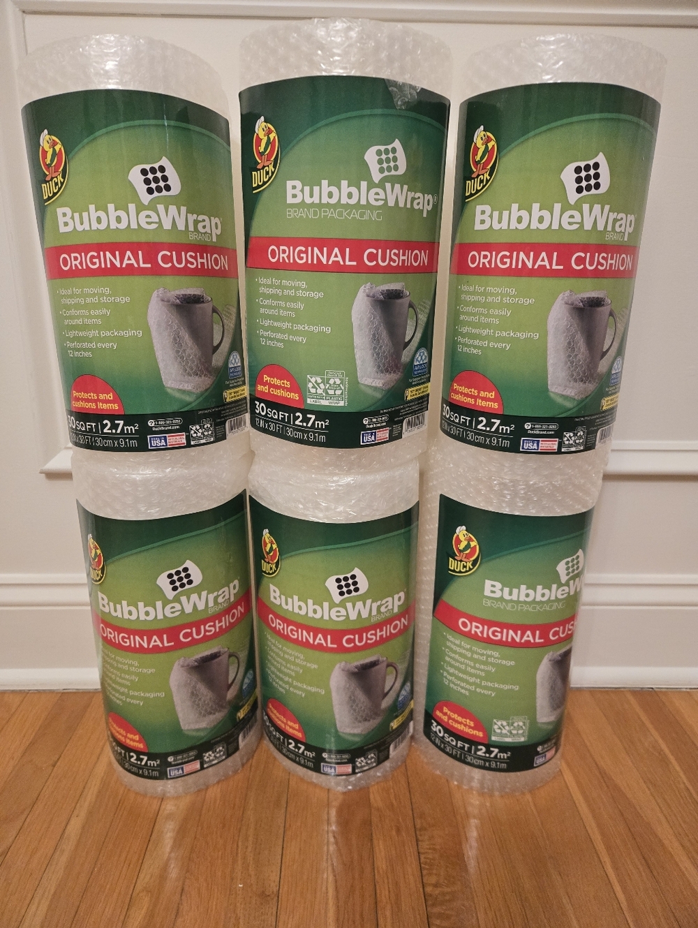 Duck Brand Bubble Wrap Original Cushion, 12 Inches Wide x 30-Feet L, 6 Rolls